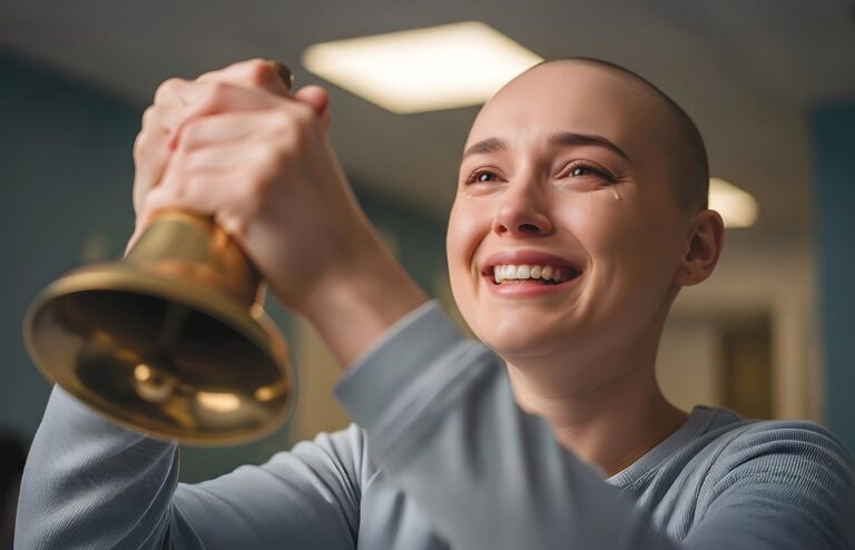 young woman smiling ringing a bell